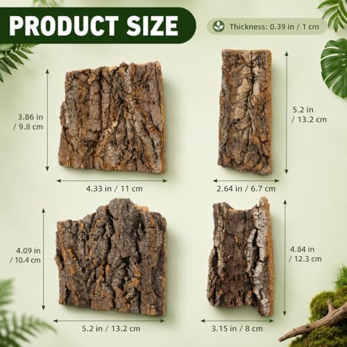 SHINEOFI 4 Pack Natural Cork Bark Reptile Hides for Terrariums