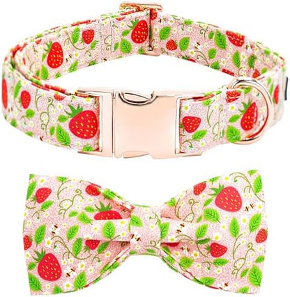 Dog Collar-Strawberry Print Adjustable Cute Pet Collar Soft Pink Dog Collars with Bow Tie Durable Cotton Metal Buckle Puppy Collar Gift for Small Dogs