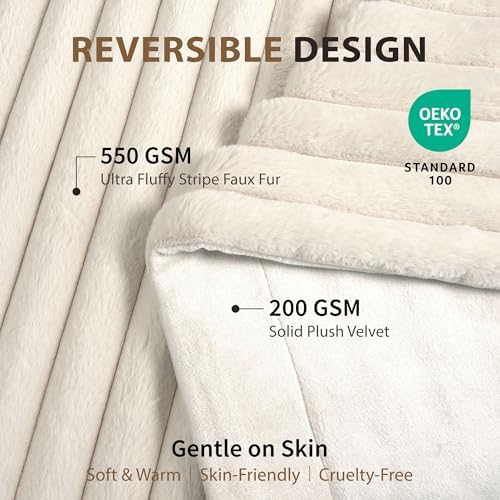 DEZ FURNISHINGS Luxury Reversible Textured Stripe Faux Fur & Velvet Throw Blanket, Twin (66" x 90"), Taupe