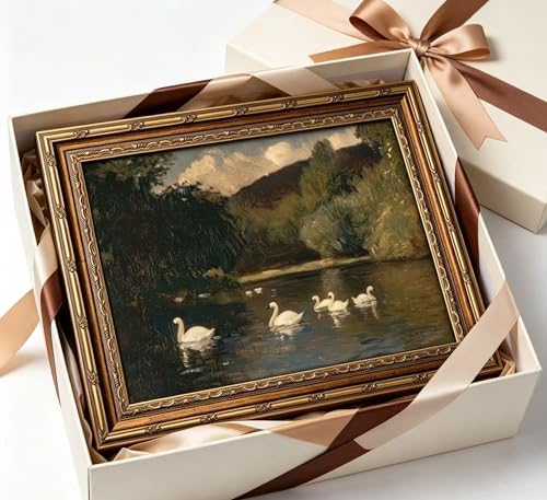 Vintage Gold Framed Swan Wall Art, Dark Moody Swans Lake Landscape Oli Painting Canvas Print, Antique Wildlife Bird Picture Wall Decor, Rustic Farmhouse Poster Artwork for Bedroom Living Room