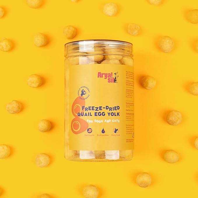 Arya Sit! - Freeze-Dried Single Ingredient Treat (Quail Egg Yolk) for Dogs and Cats - High Protein · Rich in Lecithin for Healthy Coat · No Artificial Ingredients · 4 oz/8 oz