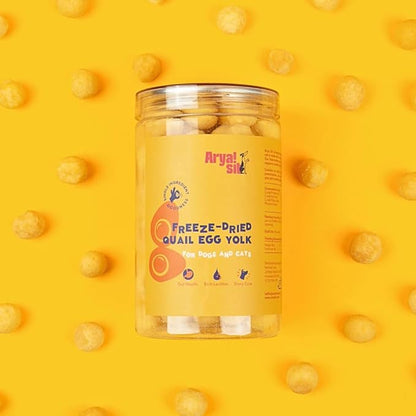 Arya Sit! - Freeze-Dried Single Ingredient Treat (Quail Egg Yolk) for Dogs and Cats - High Protein · Rich in Lecithin for Healthy Coat · No Artificial Ingredients · 4 oz/8 oz
