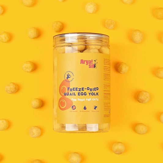 Arya Sit! - Freeze-Dried Single Ingredient Treat (Quail Egg Yolk) for Dogs and Cats - High Protein · Rich in Lecithin for Healthy Coat · No Artificial Ingredients · 4 oz/8 oz