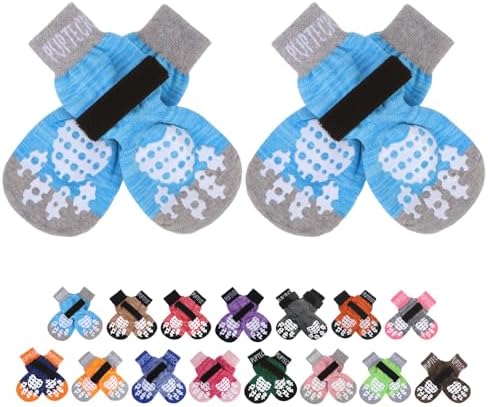 PUPTECK Anti-Slip Dog Socks with Double Sides Grips for Small Medium Large Dogs Hardwood Floors Prevents Licking, Dog Shoes for Hot Pavement Traction Control Paw Protector for Senior Dogs, Blue S