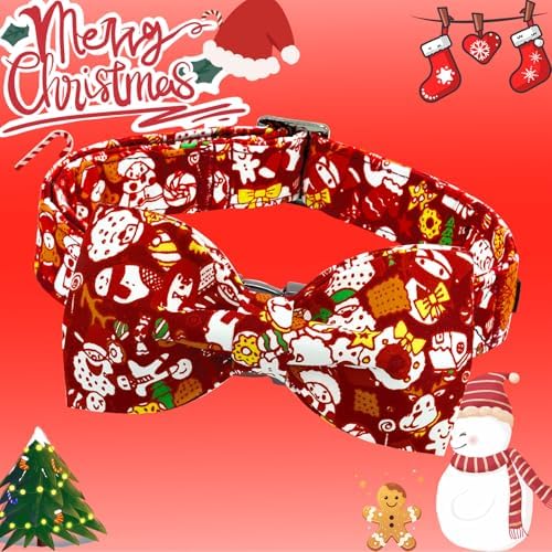 Lionheart glory Dog Bow Collar Red Christmas Santa Deer Print Dog Collar for Small Dogs Adjustable Soft Sturdy Girl or Boy Collars with Bowtie Fall Collar Bows