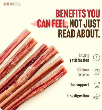 Natural Farm Odor-Free Bully Sticks (12”, 8oz) All-Natural Long-Lasting Chews, 100% Beef Pizzle, Grass-Fed, Grain-Free, Hormone-Free, Protein for Muscle Development & Energy, Perfect for Large Dogs