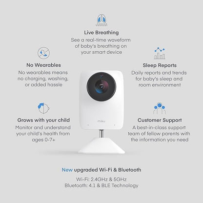 Miku Pro Smart Baby Monitor with Camera, Track Live Breathing with No Wearable, Real-Time Alerts, Sleep Analytics, 1080p Wi-Fi Video, Night Vision, and 2-Way Audio, Wall Mount & Floor Stand Included