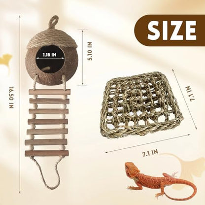 5 PCS Gecko Tank Accessories,Gecko Coconut Hide with Ladder Reptile Terrarium Plants Hammock Climbing Flexible Jungle Vine Tank Decor for Crested Gecko,Baby Bearded Dragon,Chameleon,Snake