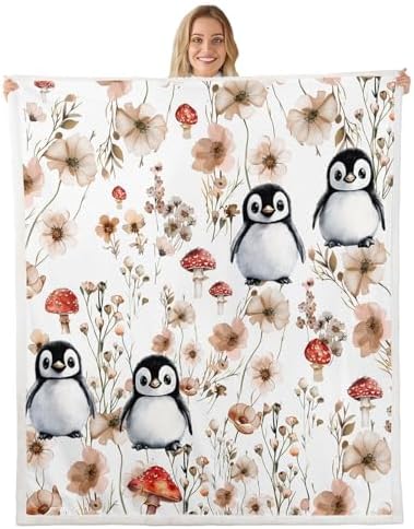Erosebridal Kids Penguin Blankets and Throws 40"x50",Mushroom Penguin Blanket Throw for Teen Girls Boys,Antarctica Animal Fleece Blanket Country Style Floral Fuzzy Blanket for Bed Sofa Decor