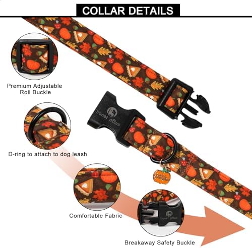 Lionet Paws Halloween Dog Collar- Cute Leaves Brown Dog Collars with Plastic Buckle and Pumpkin Pendant,Light Adjustable Dog Collars for Small Dogs