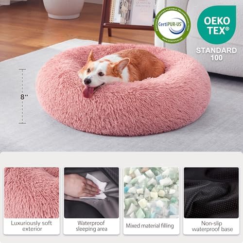 Donut Dog Bed Medium Size Dog, Round Cat Beds for Small Medium Dogs and Cats with Washable Fluffy Faux Fur, Cute Comfort Pet Bed with Anti-Slip Bottom, Pink, 30"
