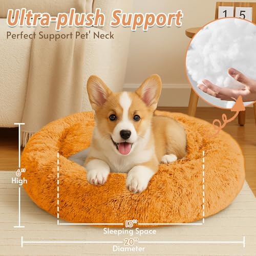 JOLLYVOGUE Calming Small Dog & Cat Bed for Indoor Cats - 20 inches Washable Donut Bed for Kittens & Puppies, Anti-Anxiety Round Fluffy Plush Pet Beds (Fits up to 15 lbs, Orange)