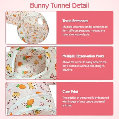 PINVNBY Large Rabbit Tunnel，Collapsible Rabbit Tunnels for Indoor Bunnies Bunny Hideout with 5 Types of Chewing Toys for Ferret Kitten Small Animals (T Shape)