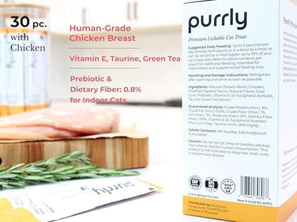 Purrly Low Calorie Premium Lickable Cat Treat Topper Healthy Chicken Variety Bundle (90 Count) Human-Grade Protein with Functional Nutrients Wet Squeeze Creamy Purée Grain-Free Non-GMO Low-Phosphorus