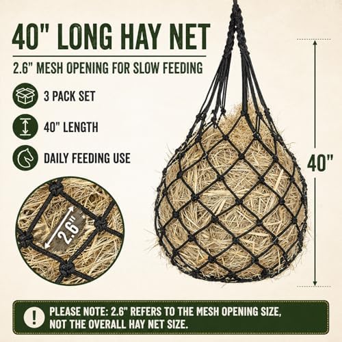 Hay Nets for Horses Slow Feed:Hay Feeder Nets for Horses-40 Inch Length Hay Net with 2 Pairs Gloves-Durable Hay Bags for Horses Goats Sheep Donkey