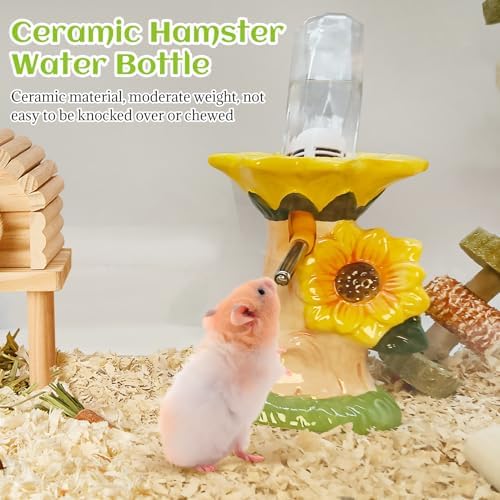 BNOSDM Hamster Water Bottle No Drip Ceramic Hamster Water Bottle for Glass Tank - 80ML Water Dispenser with Yellow Sunflower Stand Holder for Syrian Hamsters Dwarf Hamsters Mice Gerbils