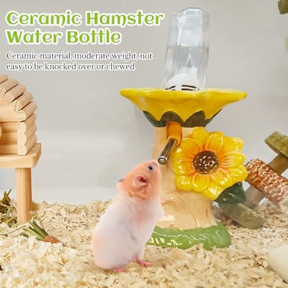 BNOSDM Hamster Water Bottle No Drip Ceramic Hamster Water Bottle for Glass Tank - 80ML Water Dispenser with Yellow Sunflower Stand Holder for Syrian Hamsters Dwarf Hamsters Mice Gerbils