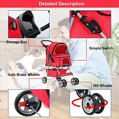 BestPet | 4-Wheel Foldable Pet Stroller | Red | Lightweight & Portable