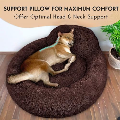 PetJett Calming Dog Bed Medium Size Dog - 30'' Donut Bed, Anti-Slip & Washable Super Soft Fluffy Plush Round Bed, Anti-Anxiety Premium Comfort Pet Bed, Fits Dogs up to 45 lbs - Brown