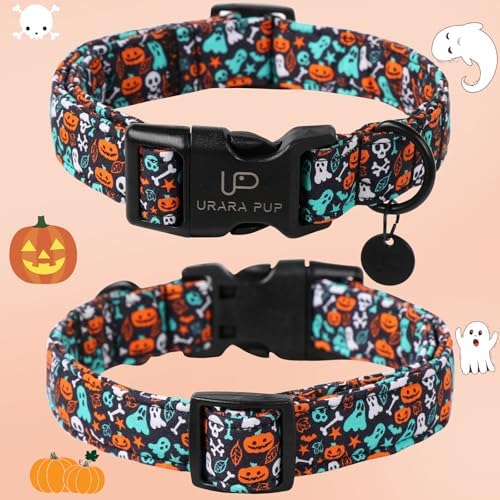 Halloween Dog Collar, UP URARA PUP Cotton Skull Ghost Dog Collar for Small Dog, Fall Pet Collar with Halloween Elements Pattern, Adjustable Puppy Collar,L,Neck 16-24in