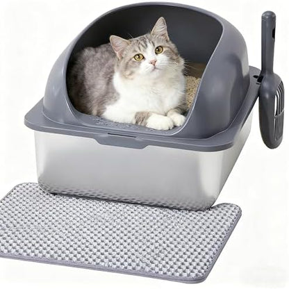 HealSmart Stainless Steel XL Cat Litter Box, Extra Large Cat Litter Box with Lid, High Sided Metal Litter Tray for Big Cats, Anti-Urine Leakage Non-Stick Easy Clean, Dark Gray
