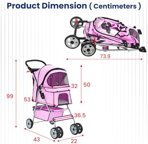 BestPet | 4-Wheel Foldable Pet Stroller | Pink | Lightweight & Portable