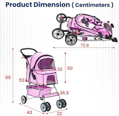 BestPet | 4-Wheel Foldable Pet Stroller | Pink | Lightweight & Portable