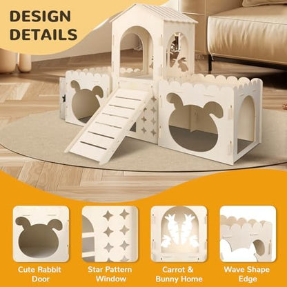 Extra Large Rabbit Castle, Wooden Bunny House & Hay Feeder, Detachable Rabbit Hideaway, Indoor Rabbit Castle with Ramp, Small Animal Houses & Habitats