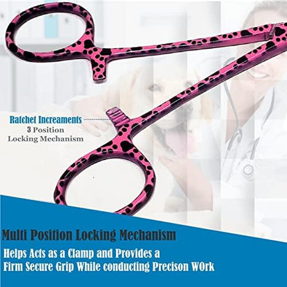 Dog Pet Ear/Nose Hair Puller Grooming Hemostat Locking Forceps Curved Pliers, 5.5" (14cm) Full Serrated Clamps Stainless Steel (Pink Paws)