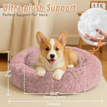 JOLLYVOGUE Calming Dog Beds Large Sized Dog, 36in Donut Washable Large Pet Bed, Anti-Slip & Anti-Anxiety Fluffy Faux Fur Round Dogs Bed, Fits up to 80 lbs Pets (Dark Pink)