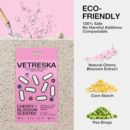 VETRESKA Cherry Blossom Tofu Cat Litter, Odor Control, 5.5lb×4bags