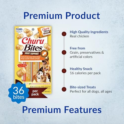 INABA Churu Bites Joint Support for Dog, Functional Lickable Dog Treat with Taurine & Green Tea Extract, 1.26oz Each, 18 Tubes Total, Chicken with Cheese Recipe