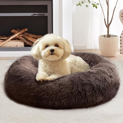 JOLLYVOGUE Calming Dog Bed Medium Size Dog, 31in Donut Washable Medium Pet Bed, Anti-Slip & Anti-Anxiety Fluffy Faux Fur Round Dogs Bed, Fits up to 45 lbs Pets (Chocolate)