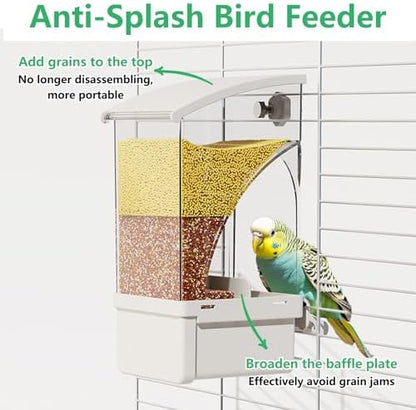 Hamiledyi Automatic Bird Feeder No Mess Bird Cage Feeder Transparent Acrylic Parrot Seed Food Container with Perch Cage Accessories for Parakeet Finch Lovebirds Budgies Canary (White)