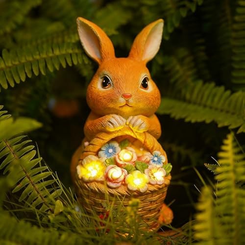 Fairy Garden Statues,Fairy Garden House with Solar Powerd Night Light,Yard Decorations Outdoor Fairy Garden Accessories Decor for Outside (Rabbit Flower Basket)