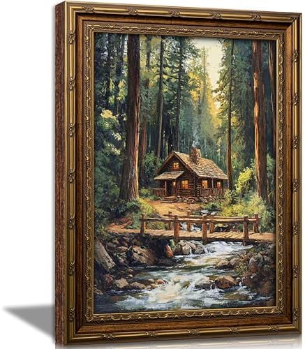 Vintage Gold Framed Forest Wall Art, Retro Mountain Woods Cottage Oli Painting Canvas Print, Antique Log Cabin Picture Wall Decor, Rustic Farmhouse Stream Poster Artwork for Bedroom Living Room