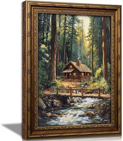 Vintage Gold Framed Forest Wall Art, Retro Mountain Woods Cottage Oli Painting Canvas Print, Antique Log Cabin Picture Wall Decor, Rustic Farmhouse Stream Poster Artwork for Bedroom Living Room