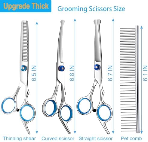 5 in 1 Upgraded Thicken Dog Grooming Scissors, Professional Dog Scissors for Grooming with Safety Round Tips, Lengnoyp Stainless Steel Thinning Shears, Pet Cat Shears for Grooming Kit