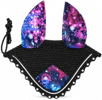 Horse Ear Bonnet for Horses, Floral Print Fly Bonnet with Crystal Edge, Handmade Crochet Fly Veil, Breathable Stretch Ears (Galaxy Print, Pony)
