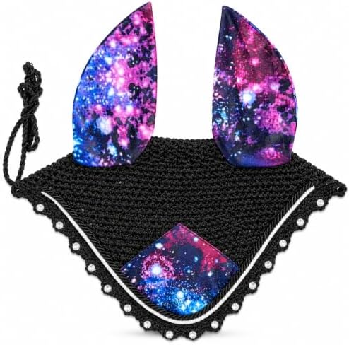 Horse Ear Bonnet for Horses, Floral Print Fly Bonnet with Crystal Edge, Handmade Crochet Fly Veil, Breathable Stretch Ears (Galaxy Print, Pony)
