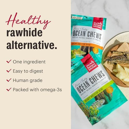 The Honest Kitchen Ocean Chews Wolffish Skins Dog Treats, Human Grade Single Ingredient Dehydrated Fish Dog Chews for Medium and Large Dogs, High Protein Rawhide Alternative for Skin Coat, 6 oz Pouch