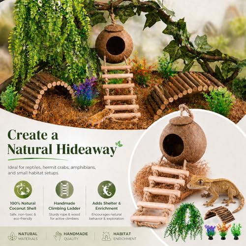 HERCOCCI Crested Gecko Tank Accessories, Reptile Hanging Plants Vines with Natural Coconut Shell Hideout & Climbing Ladder Decor for Hermit Crab Lizard Leopard Gecko Chameleon Snake Terrarium Decor