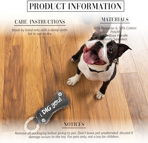 Pavilion Gift Company 45609 Pavilion's Pets-Gray Bone Canvas and Rope Dog Squeaky Toy-I Dig YouDog Toy, Large Breed