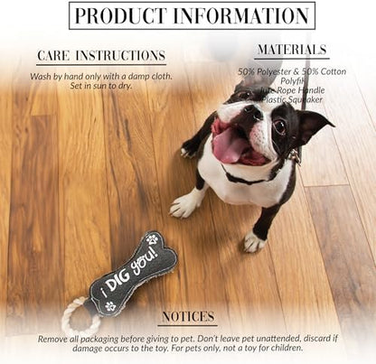 Pavilion Gift Company 45609 Pavilion's Pets-Gray Bone Canvas and Rope Dog Squeaky Toy-I Dig YouDog Toy, Large Breed