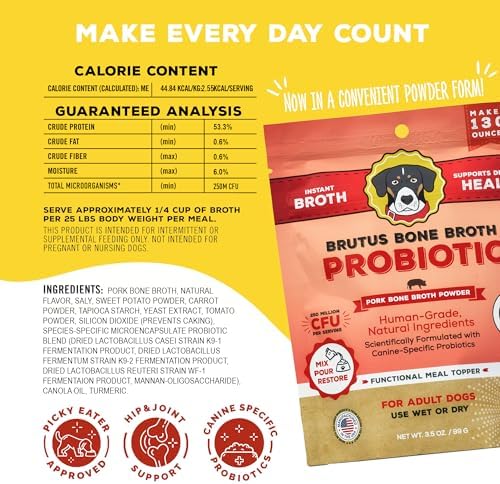 Brutus Broth Dog Food Topper - Instant Bone Broth Powder with Probiotics for Dogs’ Daily Digestive Health - Human-Grade Quality, Serve Dry or Wet - Pork Flavor, 3.5 oz (Pack of 1)