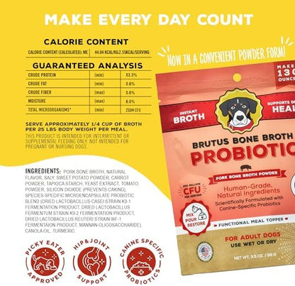 Brutus Broth Dog Food Topper - Instant Bone Broth Powder with Probiotics for Dogs’ Daily Digestive Health - Human-Grade Quality, Serve Dry or Wet - Pork Flavor, 3.5 oz (Pack of 1)