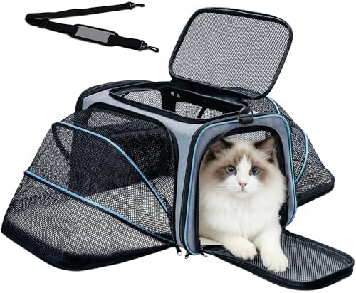 Double Expandable Cat Carrier,Airline Approved Soft-Sided Pet Travel Carrier for Small Dogs Cats under 15 lbs,Waterproof 600D Oxford Fabric with Washable Replacement Liner,Odor-Free & Claw-Proof(Blue)