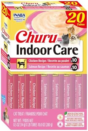 INABA Churu Indoor Care for Hairball Control, Functional Lickable Cat Treat with Taurine & Green Tea Extract, 0.5oz Each, 20 Tubes Total, Chicken & Salmon Variety