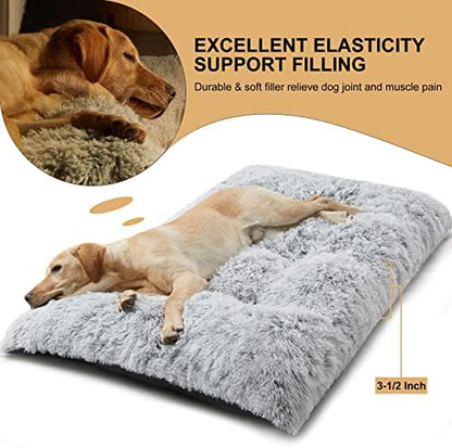 BFPETHOME Dog Beds for Large Dogs, Plush Dog Crate Bed Fluffy Cozy Kennel Pad for Sleeping &Ease Anxiety, Washable Pet Mats with Anti-Slip Bottom for Large Dogs, Grey