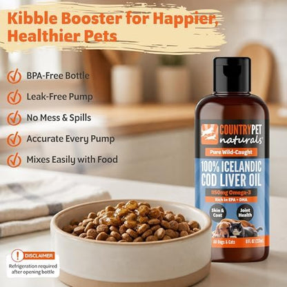 Wild-Caught Pure Icelandic Cod Liver Oil for Dogs & Cats 8oz, Single-Ingredient, 1150 mg Omega-3, High EPA/DHA, Natural Vits A&D, Supports Healthy Skin, Coat & Mobility, 8oz bottle